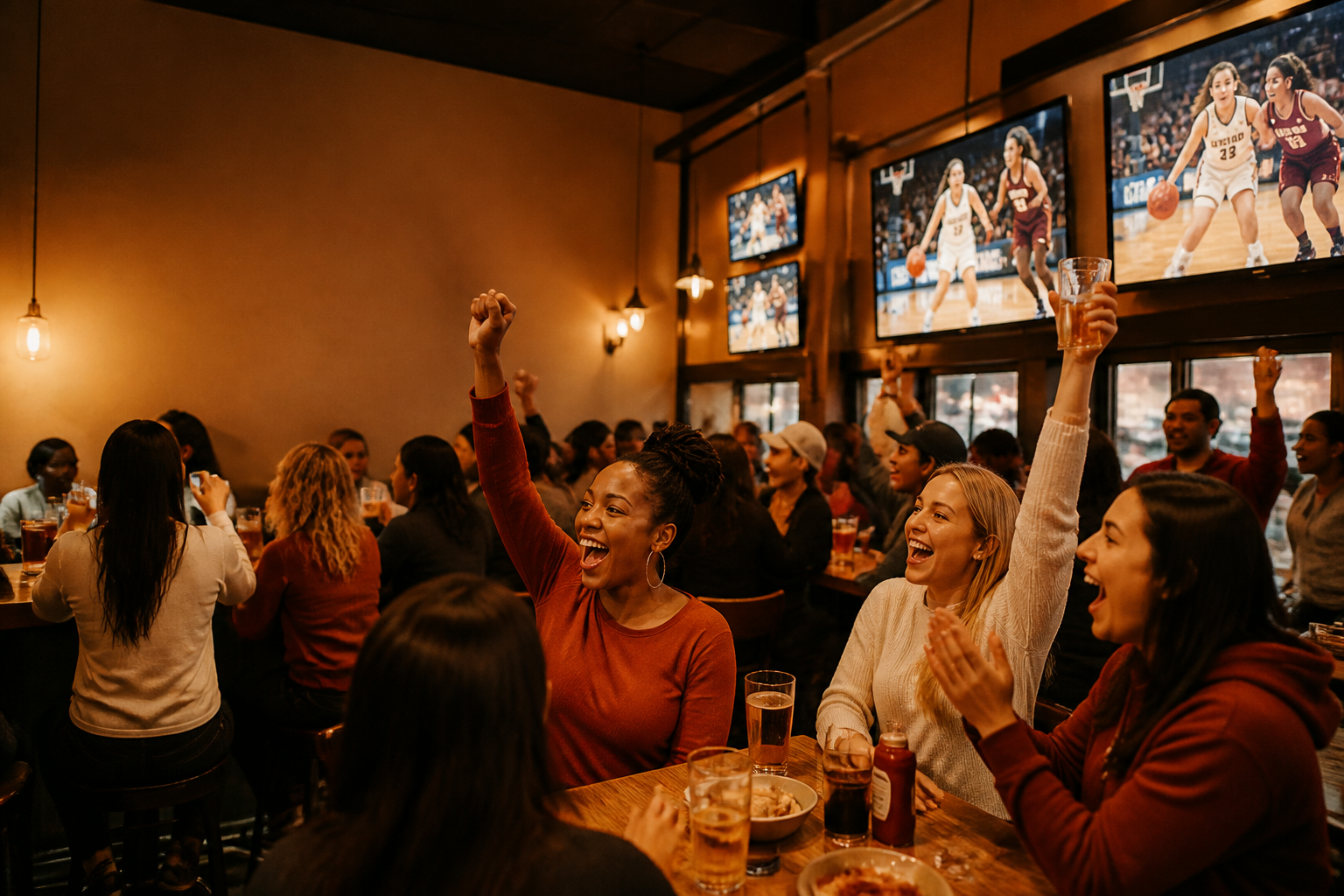 A packed women's-sports bar at game time, faces lit by the screens and glasses raised